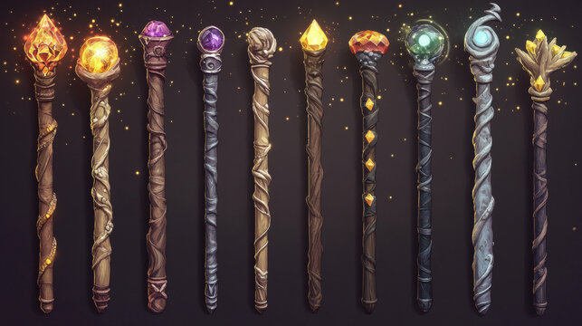 Set of magic wizard staffs isolated on background. Vector cartoon illustration of wooden, silver, golden sticks decorated with yellow gemstone crystals, shimmering particles sparkling, sorcerer tool