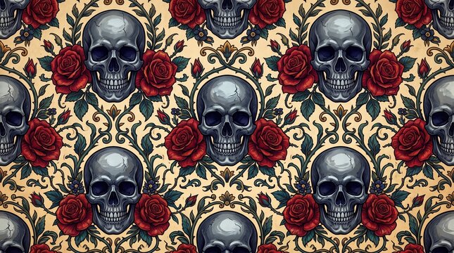 Skulls and roses vintage pattern