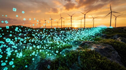 Fototapeta premium Wind turbine farm at sunset with glowing digital particles representing renewable energy innovation and smart grid technology for environmental sustainability reports and clean energy marketing.