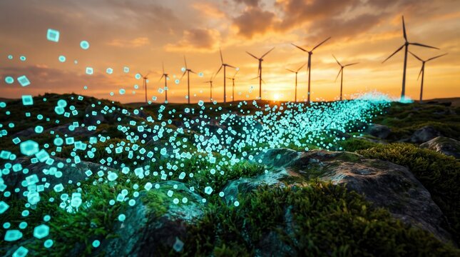 Wind turbine farm at sunset with glowing digital particles representing renewable energy innovation and smart grid technology for environmental sustainability reports and clean energy marketing.