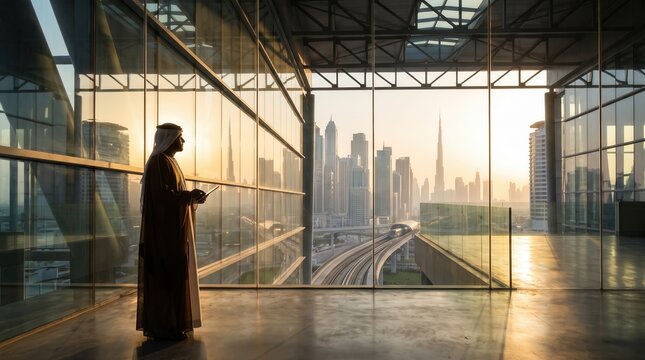Arab businessman in traditional kandura looking at Dubai skyline from modern glass office with Burj Khalifa at sunset, visionary leadership and success for Middle East business and real estate.