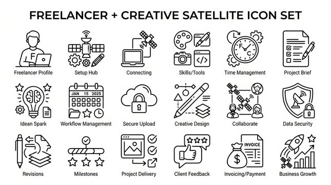 Creative flat design icons for freelancer and satellite communication services.