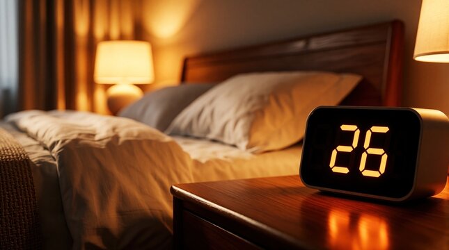 Cozy bedroom interior with warm ambient light. Digital clock shows 26 on bedside table. Comfortable bed with pillows, soft linens. Night lamp glows in dark room creating relaxing atmosphere for