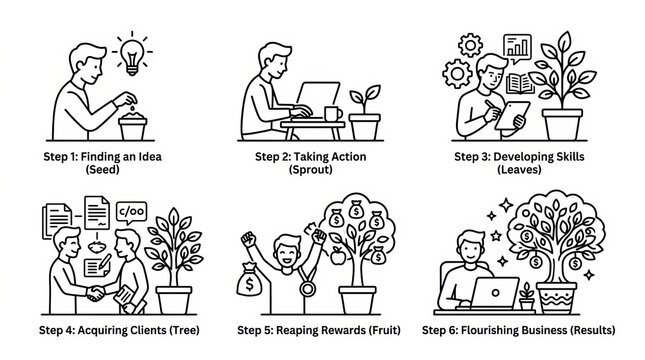 Illustrated infographic showing steps for planning and executing a successful business project.