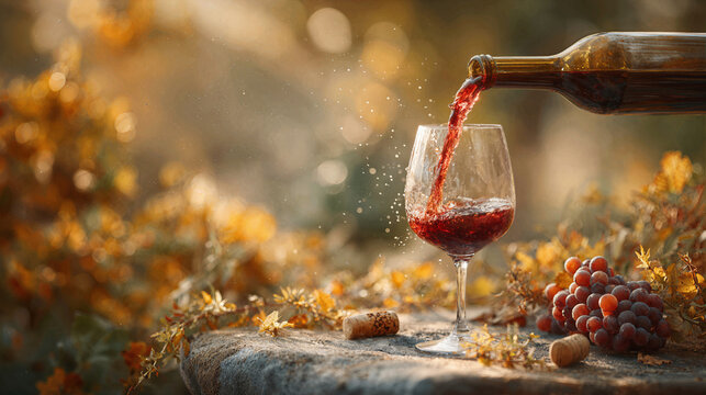 Red wine pouring from a bottle into a glass at a vineyard during a warm golden hour sunset