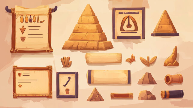 Egyptian ui game interface cartoon vector icon. Egypt menu design element set with level frame, progress bar, papyrus congratulation popup and failed sign. 2d wooden casual app concept with scroll