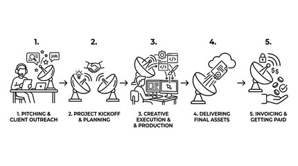 Fototapeta premium Illustrated infographic showing the stages of a creative project workflow.