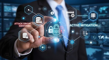 Obraz premium Corporate Cybersecurity Professional Monitoring Network Security Through Advanced Digital Interface Visualization