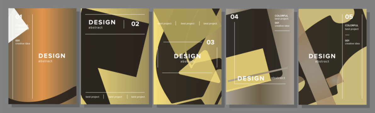 Abstract geometric cover designs featuring a sophisticated palette of gold, black, and neutral tones, creating a modern and minimalist aesthetic suitable for branding and business collateral
