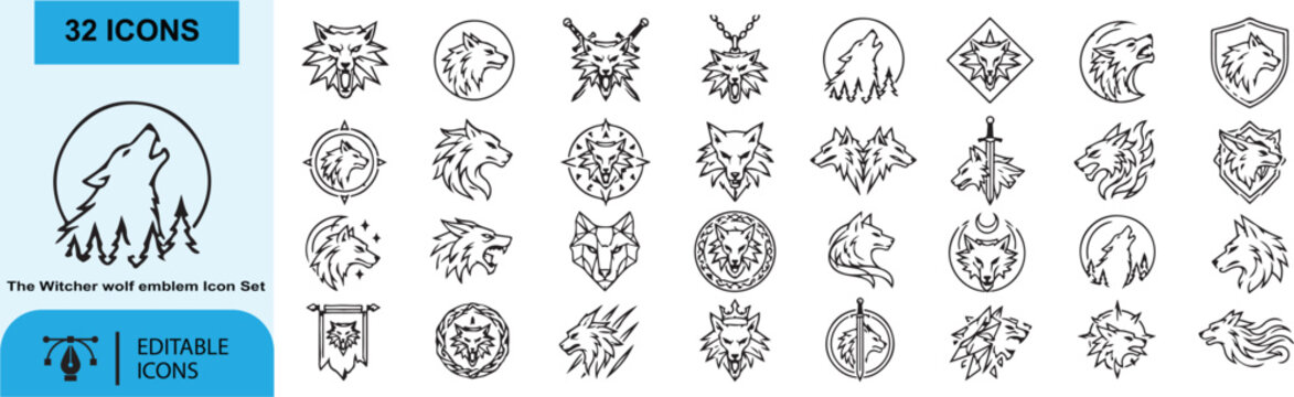 32 Wolf Emblem Vector Outline Icons Set &ndash; Wolf Head, Warrior, Fantasy, Medieval and Heraldic Animal Line Symbols Collection
