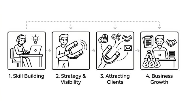 Illustrated infographic showing stages of business development and growth strategy.