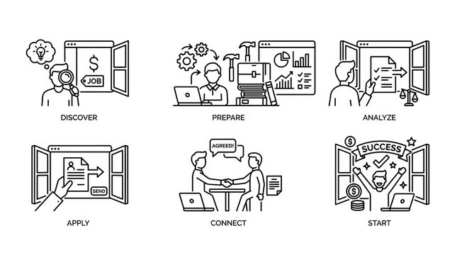 Illustrated icons depicting various tech company headquarters and workspaces.