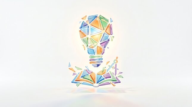 Shattered Glass Lightbulb Symbolizing Creativity Emerging from an Open Book