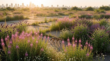 Fototapeta premium Red fox walks through wild urban brownfield site with pink flowers, green plants. Overgrown pioneer vegetation grows on old concrete slabs. City skyline appears in distant background at sunset during