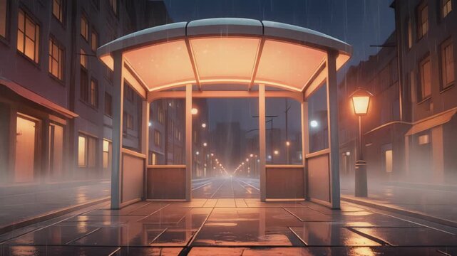 Illuminated empty modern bus stop shelter on a wet city street at night with glowing reflections and fog.