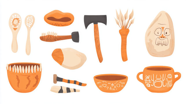 Prehistoric objects set animal skin, clay pot and bowl, amulets with teeth, weapon ax or knife and rock with petroglyphs. Stone ages tools isolated on white background, Cartoon vector icons set