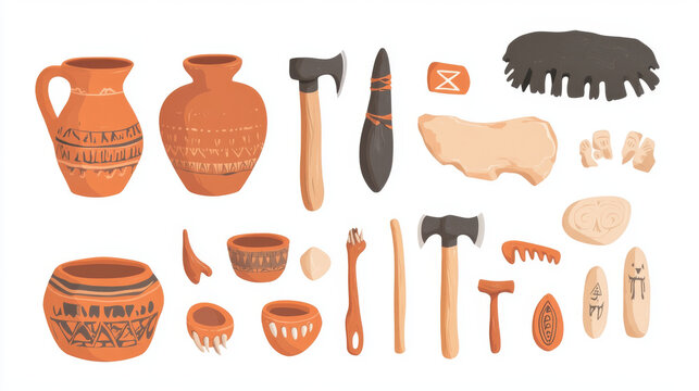 Prehistoric objects set animal skin, clay pot and bowl, amulets with teeth, weapon ax or knife and rock with petroglyphs. Stone ages tools isolated on white background, Cartoon vector icons set