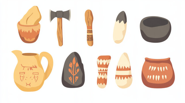 Prehistoric objects set animal skin, clay pot and bowl, amulets with teeth, weapon ax or knife and rock with petroglyphs. Stone ages tools isolated on white background, Cartoon vector icons set