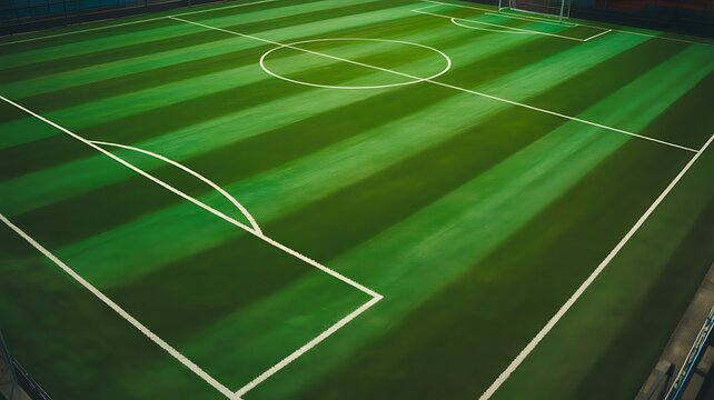 Empty green soccer field with white markings under stadium lights