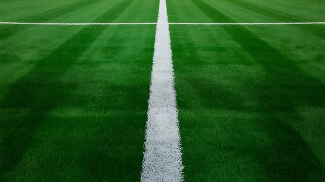 Green sports field with crisp white center line and symmetrical grass pattern