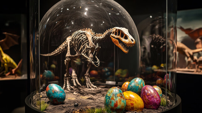 Historical paleontology museum showpiece on stand under glass protection dome. Cartoon vector set of archaeological artifact - dinosaur skeleton bone and skull, colorful eggs of prehistoric animals.