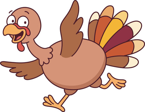 A funny cartoon turkey running and smiling isolated on a white background for thanksgiving holiday design projects