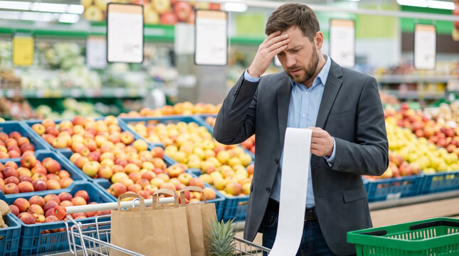 Expensive grocery price concern. Financial inflation crisis. supermarket retail shopping purchase, cost bill spending increase rise, client budget