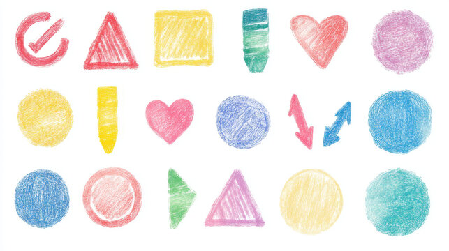 Set of multicolored crayon drawn geometric shapes and frames. Collection of circle and triangle, star and heart, checkmark and square, arrows and oval borders for educational and kids presentations.