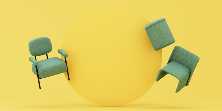 3D render of modern green upholstered chairs arranged around a large yellow circular backdrop on a bright yellow background with central copy space.