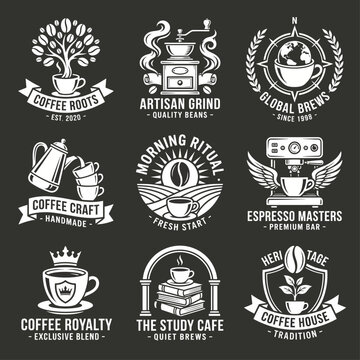 An array of beautifully designed logos and branding elements that capture the essence of artisan coffee culture, featuring brewing tools and cozy cafe imagery.