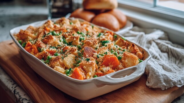 Baked casserole with vegetables, bread cubes, herbs, and browned topping served beside dinner rolls on a rustic kitchen counter near window