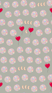 Yarn balls, heart balloons, and socks seamless pattern