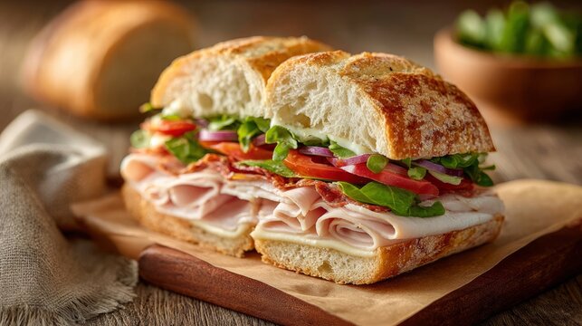 Turkey sandwiches with crusty baguette bread, sliced meat, leafy greens, and sauce on wooden board in a softly lit food setting