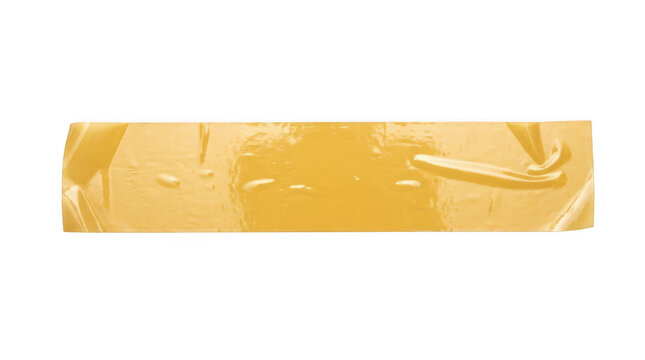 Glossy golden adhesive tape strip, horizontal wrinkled plastic masking ribbon with shiny texture and uneven surface, industrial sticky supply for repair and, isolated on transparent background