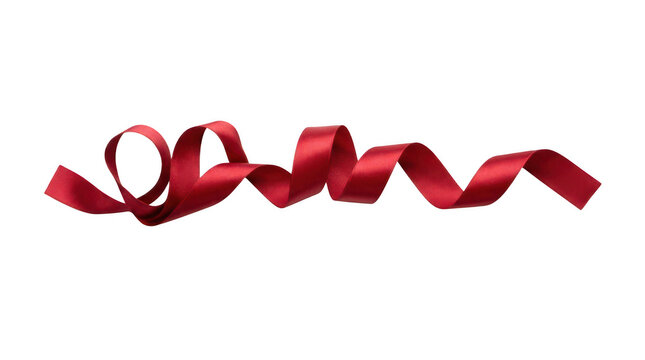 Elegant red satin ribbon swirl, flowing silk fabric band with smooth glossy texture and curved loops, decorative textile supply for gift wrapping and holiday, isolated on transparent background