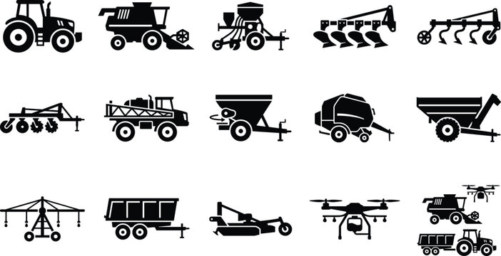 Set of black agricultural machinery icons including tractors harvesters and drones