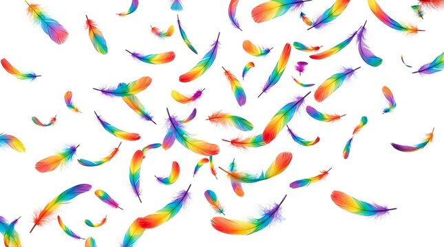 Soft rainbow feathers scattered dynamically for elegant commercial designs needing floral or nature-inspired accents with isolated on white background.