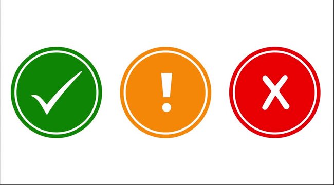 Checkmark, exclamation mark, and cross animated status symbols for ui and alert