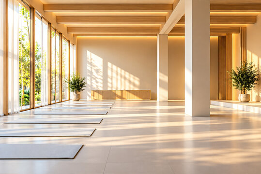 Bright and airy yoga studio with large windows and neatly arranged mats bathed in sunlight