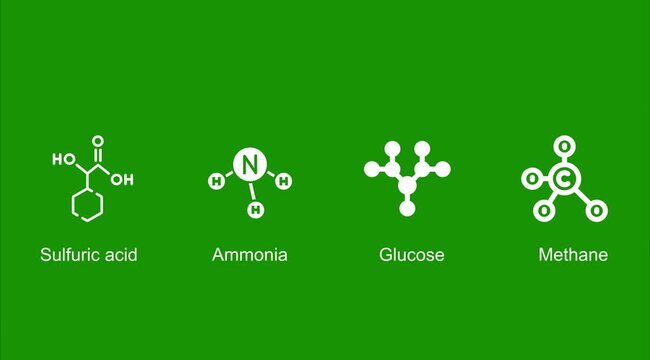 Chemical molecular structures set: sulfuric acid, ammonia, glucose, methane formula