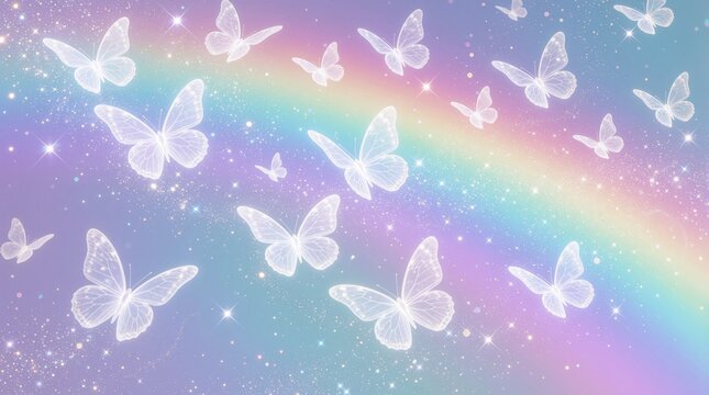 Magical white butterflies fly over pastel rainbow background. Dreamy sparkling dust, glitter glow in soft light. Colorful ethereal texture with fantasy butterfly wings. Beautiful bright backdrop for