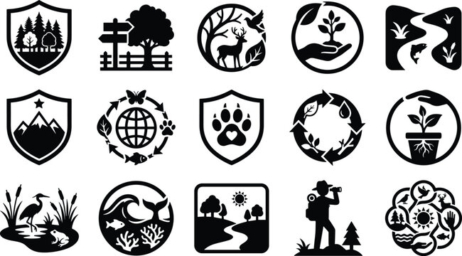 Set of black and white nature and environment conservation icons featuring diverse ecological symbols and wildlife graphics