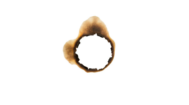 Charred circular paper hole, burnt edge texture with dark brown scorched marks, rustic fire damaged hole for creative projects, isolated on transparent background