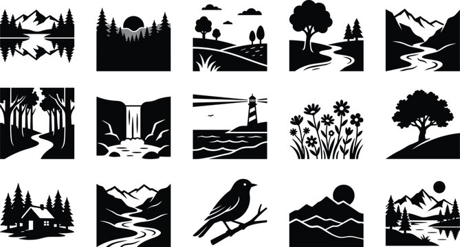 Set of black and white nature and landscape icons featuring mountains rivers trees flowers and animals