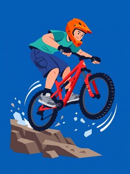 Flat vector illustration of a mountain biker in an orange full-face helmet jumping off a rocky ledge on a red full-suspension bicycle, extreme downhill sport concept on a blue background.