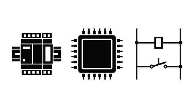 Programmable Logic Control Architecture Icon Set, Schematic Diagram Illustration, Industrial Automation Design.