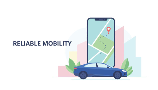 Modern blue car in front of a giant smartphone showing navigation map with the text reliable mobility.