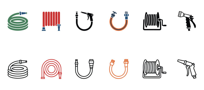 Water hose and nozzle irrigation vector illustration set for garden maintenance.