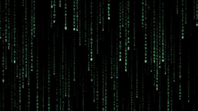 Abstract digital rain background with falling green binary code and data stream on black backdrop