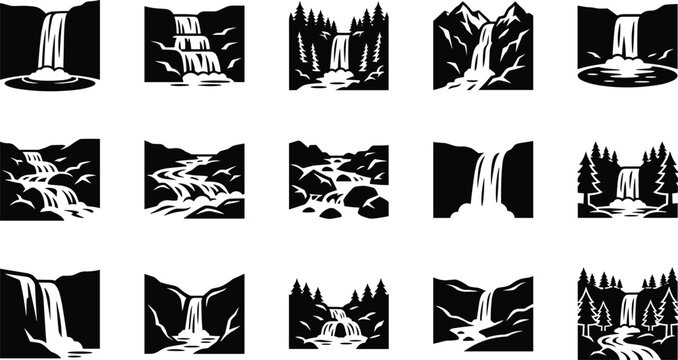Set of black and white waterfall icons representing natural landscapes and flowing water scenes